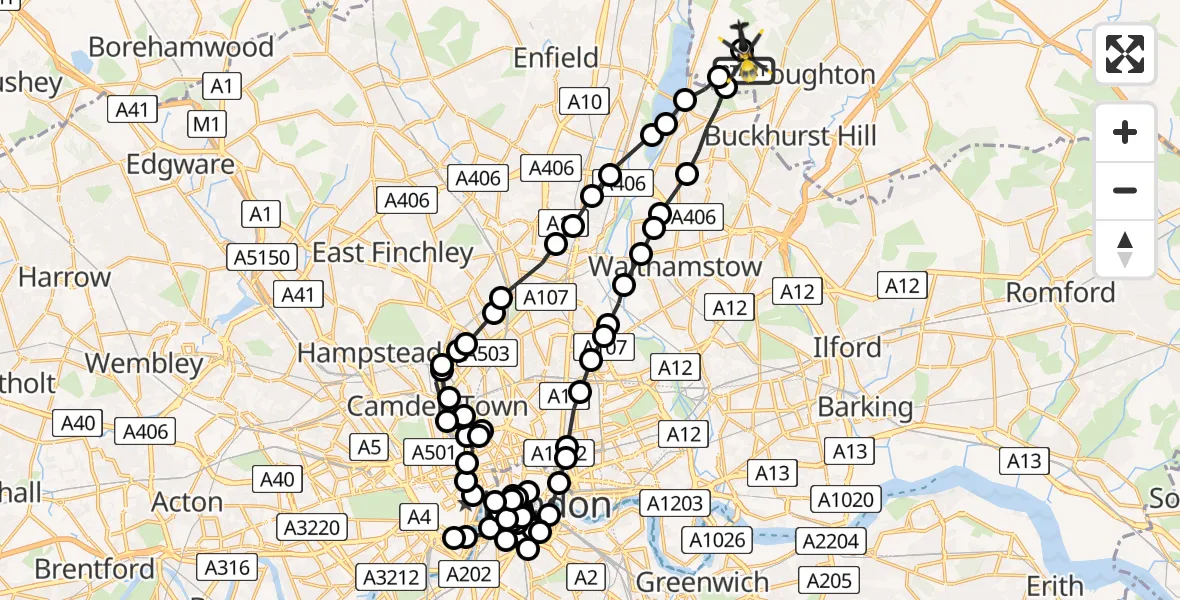 Flight path map showing Police Helicopter route from Metropolitan Police Air Support Unit Lippitts Hill to Metropolitan Police Air Support Unit Lippitts Hill