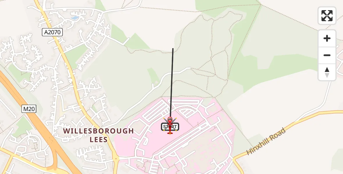 Flight path map showing Air Ambulance Helicopter route from Ashford to Ashford