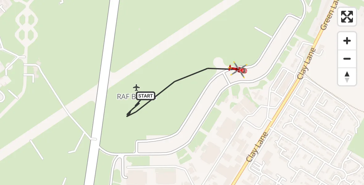 Flight path map showing Air Ambulance Helicopter route from RAF Benson to RAF Benson
