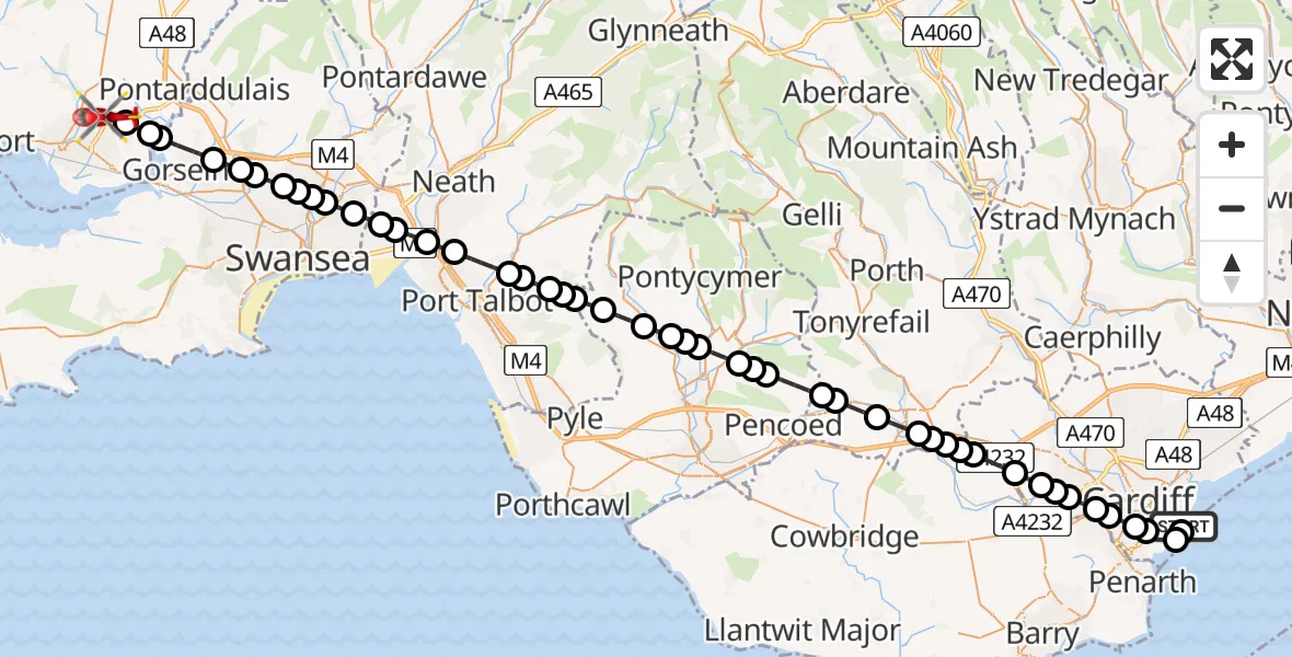 Flight path map showing Air Ambulance Helicopter route from Cardiff Heliport to Dafen