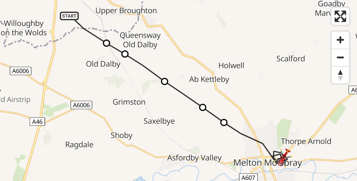 Flight path map showing Air Ambulance Helicopter route from Rushcliffe to Melton Mowbray