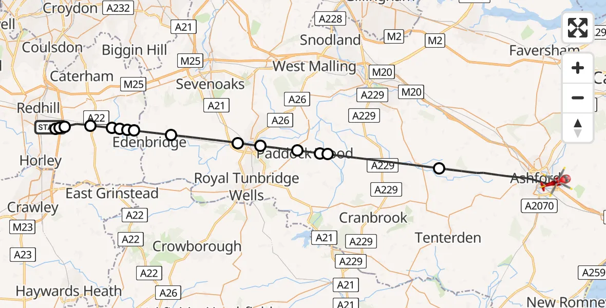 Routekaart van de vlucht: Air Ambulance Helicopter to Ashford, Kennington Road
