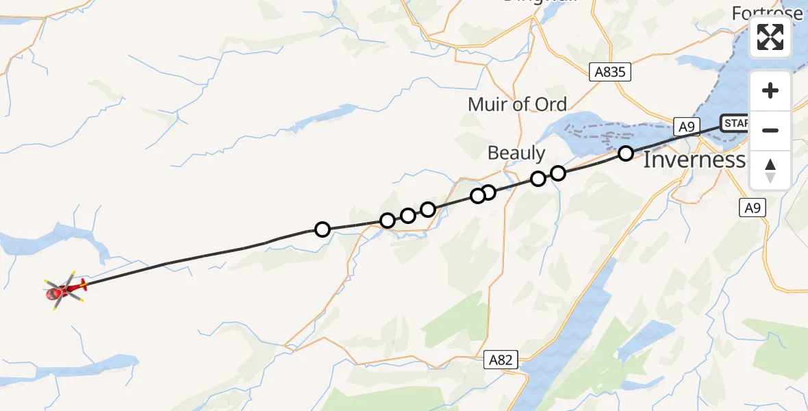 Flight path map showing Air Ambulance Helicopter route from Inverness to Highland