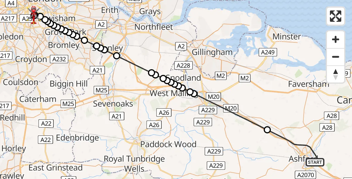 Flight path map showing Air Ambulance Helicopter route from Ashford to Kings College London Hospital