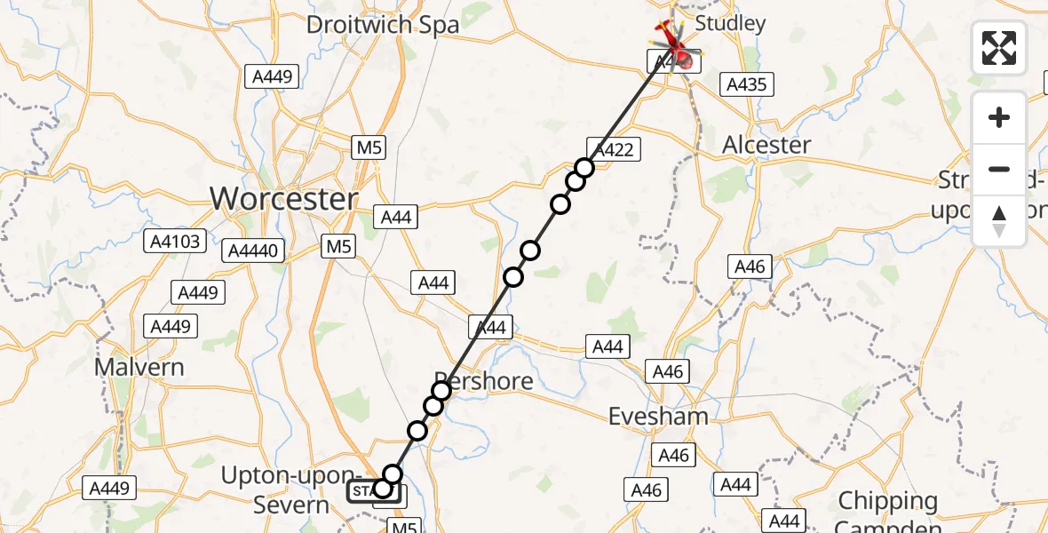 Flight path map showing Air Ambulance Helicopter route from Upper Strensham to Redditch