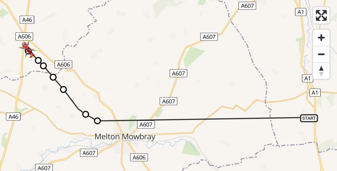 Flight path map showing Air Ambulance Helicopter route from North Witham to Nottingham Heliport