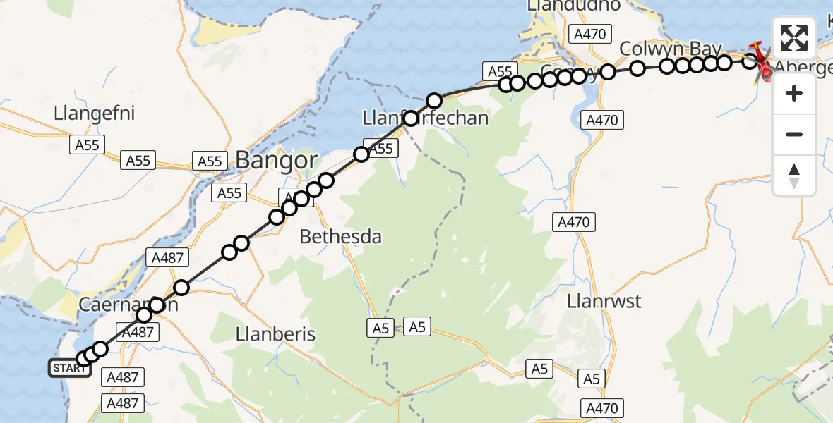 Flight path map showing Air Ambulance Helicopter route from Caernarfon Airport to Llanddulas