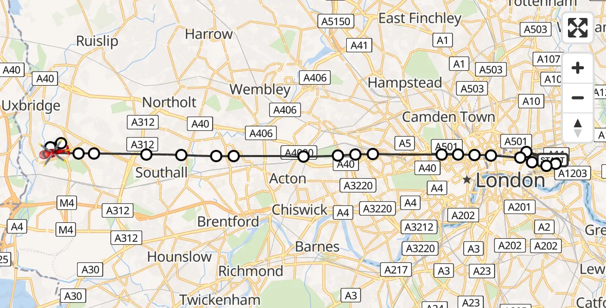 Flight path map showing Air Ambulance Helicopter route from Royal London Hospital to Hillingdon