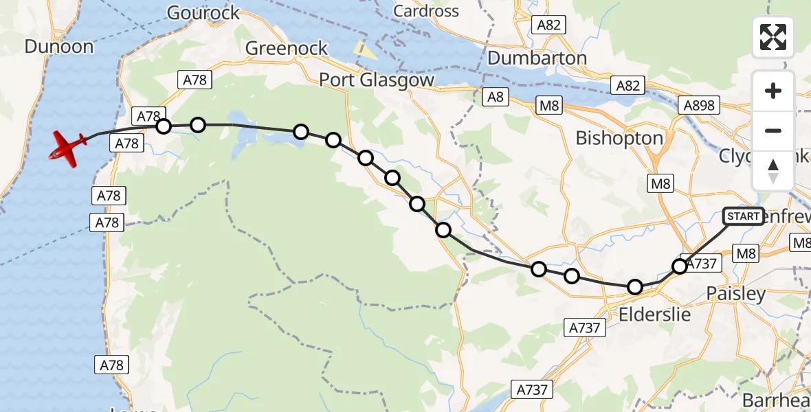 Flight path map showing Air Ambulance Aircraft route from Glasgow Airport to Inner Seas