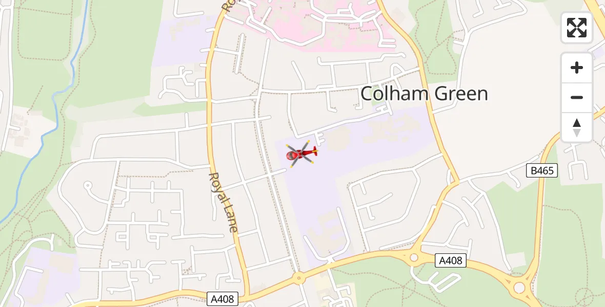 Flight path map showing Air Ambulance Helicopter route from Colham Green to Colham Green