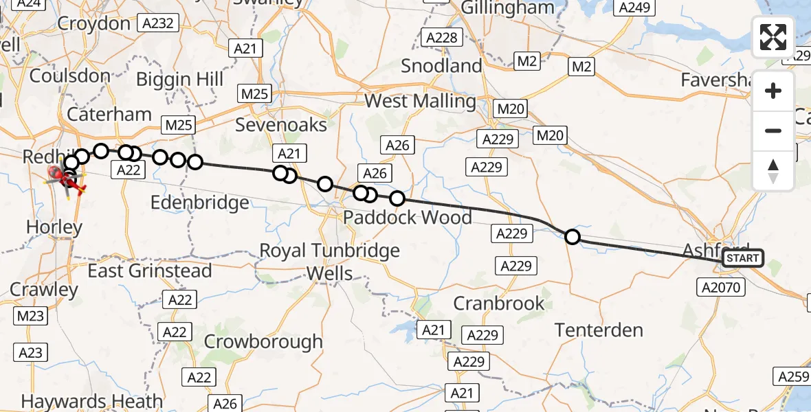 Flight path map showing Air Ambulance Helicopter route from Ashford to Redhill Aerodrome