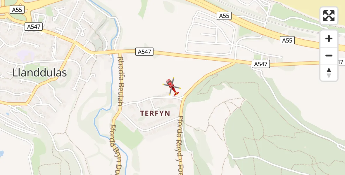 Flight path map showing Air Ambulance Helicopter route from Llanddulas to Llanddulas