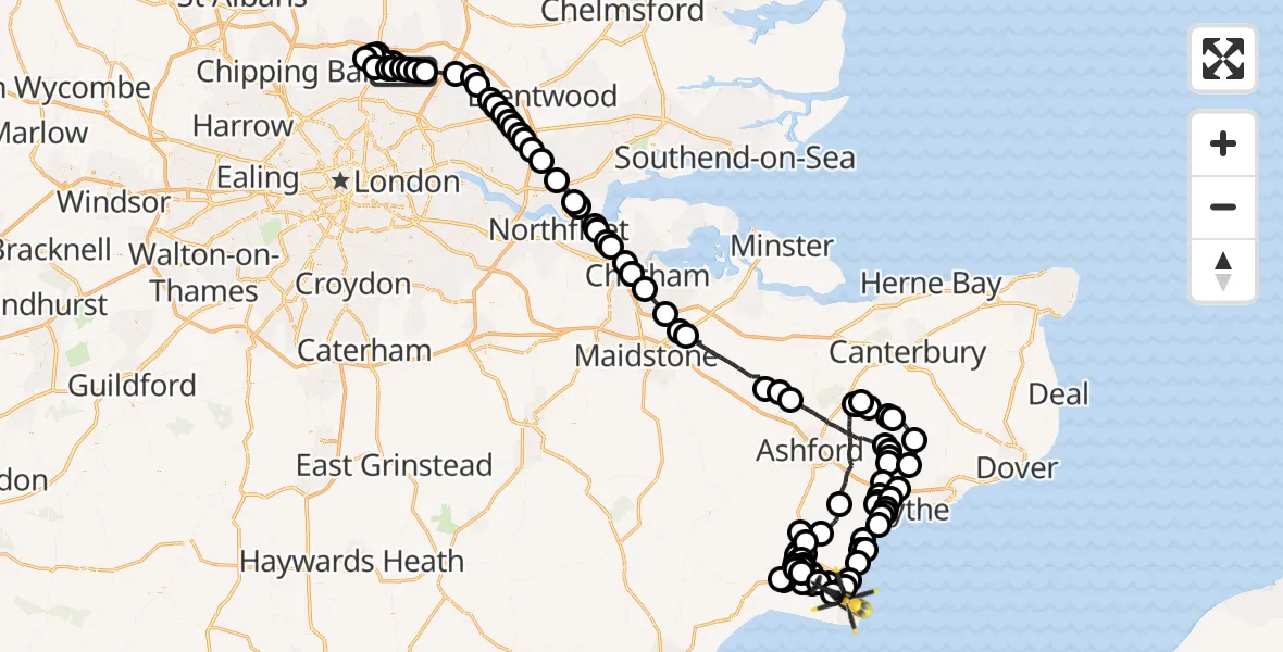 Flight path map showing Police Helicopter route from Sewardstonebury to Lydd London Ashford Airport