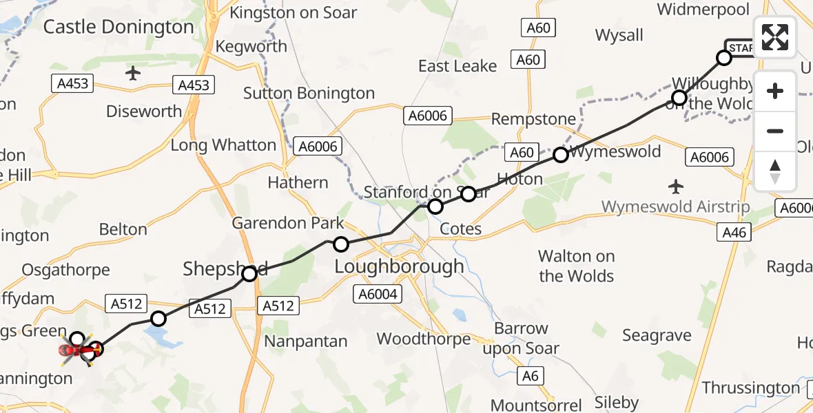 Flight path map showing Air Ambulance Helicopter route from Widmerpool to Whitwick