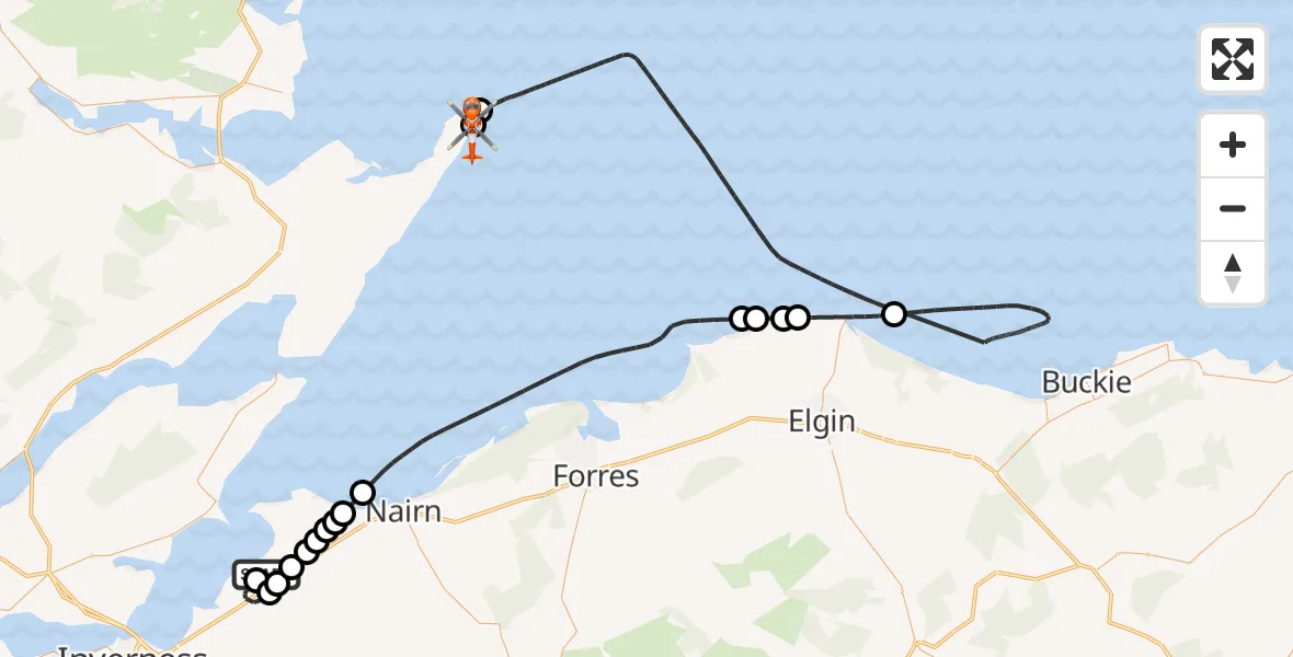 Flight path map showing Coastguard Helicopter route from Inverness Airport to Highland