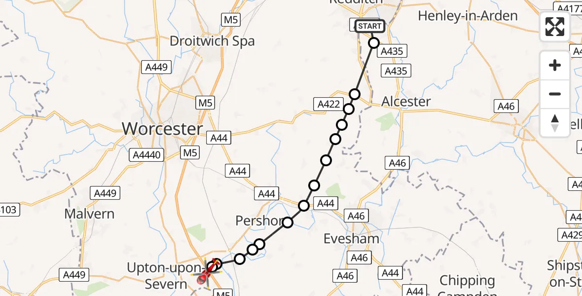 Flight path map showing Air Ambulance Helicopter route from Redditch to Hill Croome