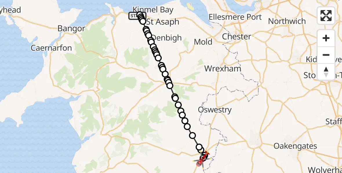Flight path map showing Air Ambulance Helicopter route from Llanddulas to Forden with Leighton and Trelystan