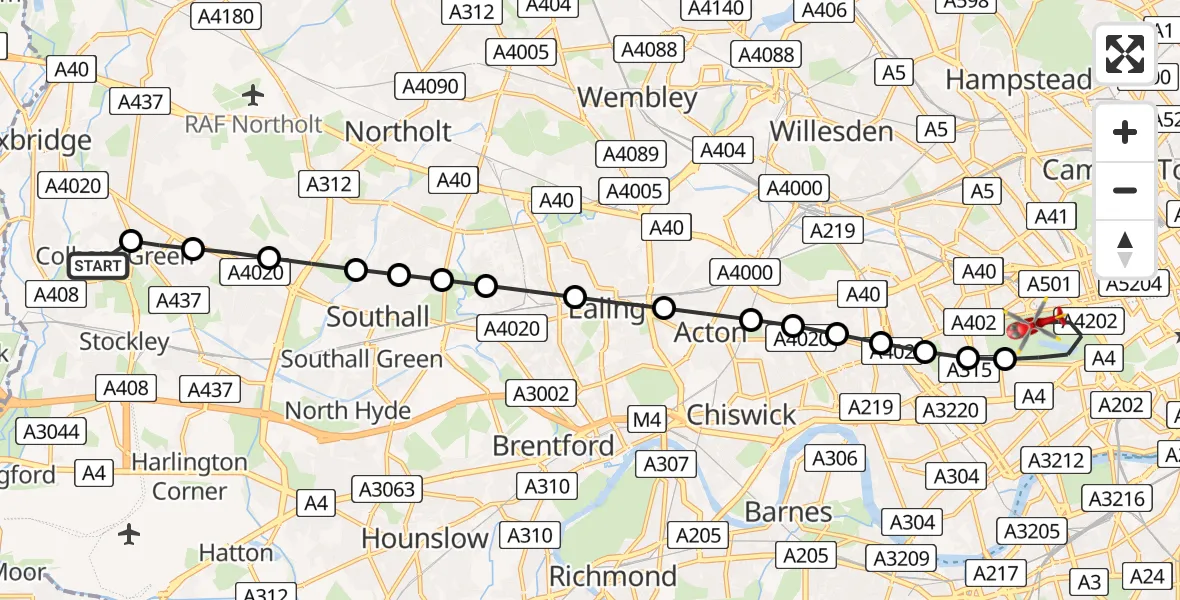 Flight path map showing Air Ambulance Helicopter route from Colham Green to City of Westminster
