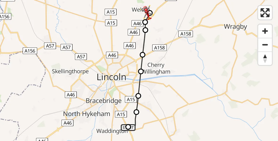 Flight path map showing Air Ambulance Helicopter route from RAF Waddington to Welton CP