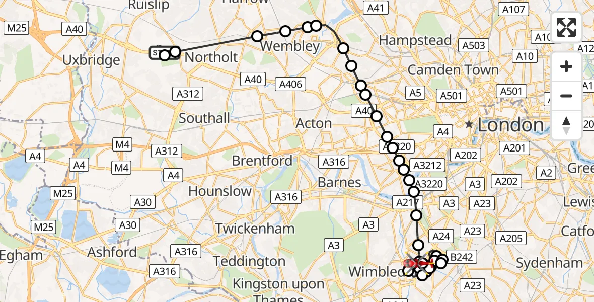 Flight path map showing Air Ambulance Helicopter route from RAF Northolt to St Georges Hospital
