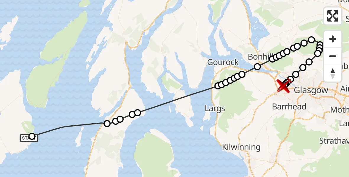 Flight path map showing Air Ambulance Aircraft route from Creagfinn to Glasgow Airport