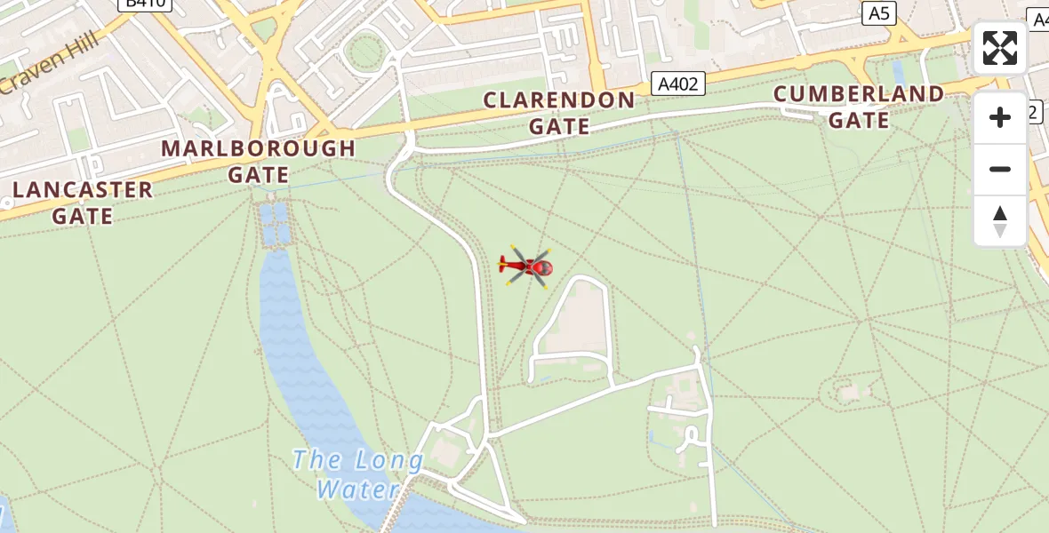 Flight path map showing Air Ambulance Helicopter route from City of Westminster to City of Westminster