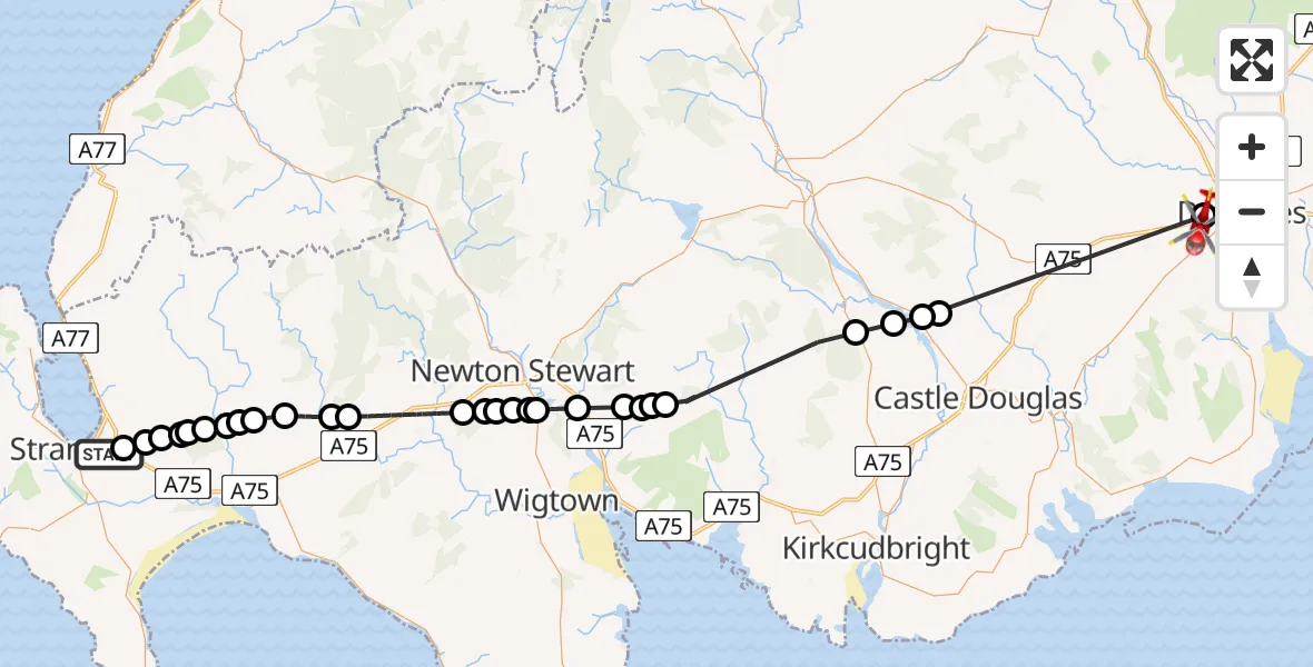 Flight path map showing Air Ambulance Helicopter route from Stranraer to Cargenbridge