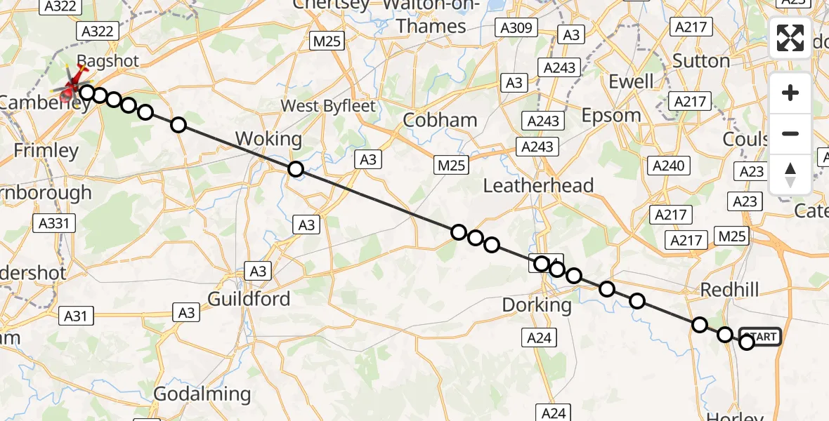 Flight path map showing Air Ambulance Helicopter route from Redhill Aerodrome to Camberley