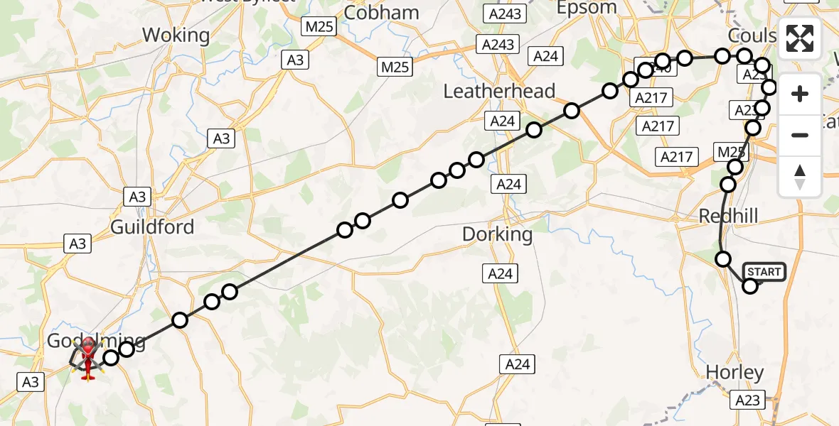 Flight path map showing Air Ambulance Helicopter route from Redhill Aerodrome to Godalming