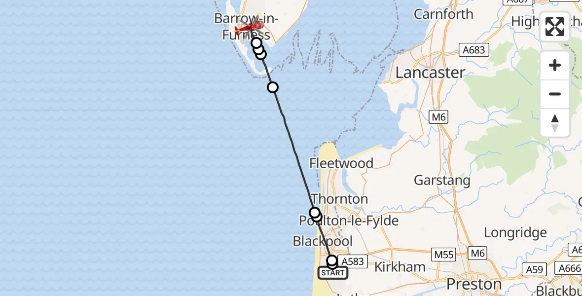 Flight path map showing Air Ambulance Helicopter route from Blackpool Airport to Barrow-in-Furness
