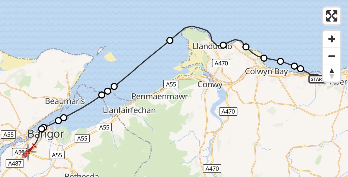 Flight path map showing Air Ambulance Helicopter route from Llanddulas to Ysbyty Gwynedd Hospital Heliport