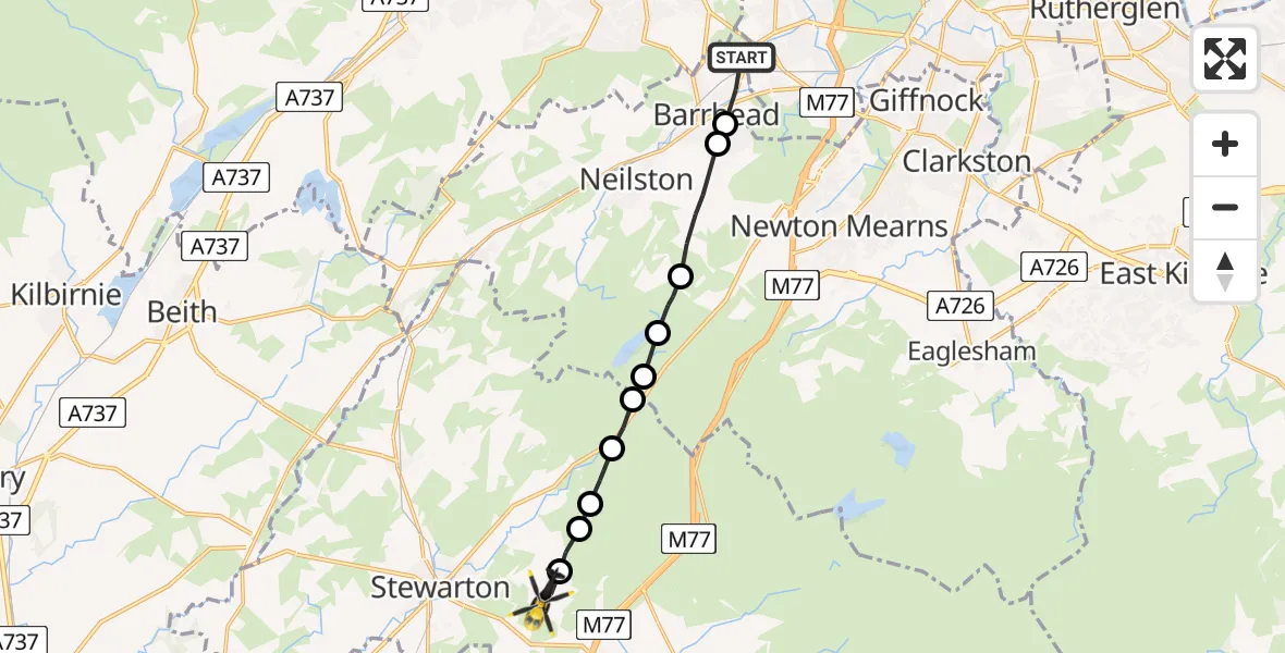 Flight path map showing Police Helicopter route from Barrhead to Fenwick