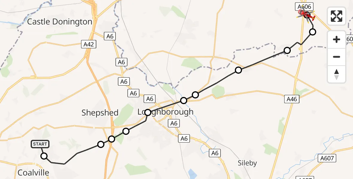 Routekaart van de vlucht: Air Ambulance Helicopter to Rushcliffe, Melton Road