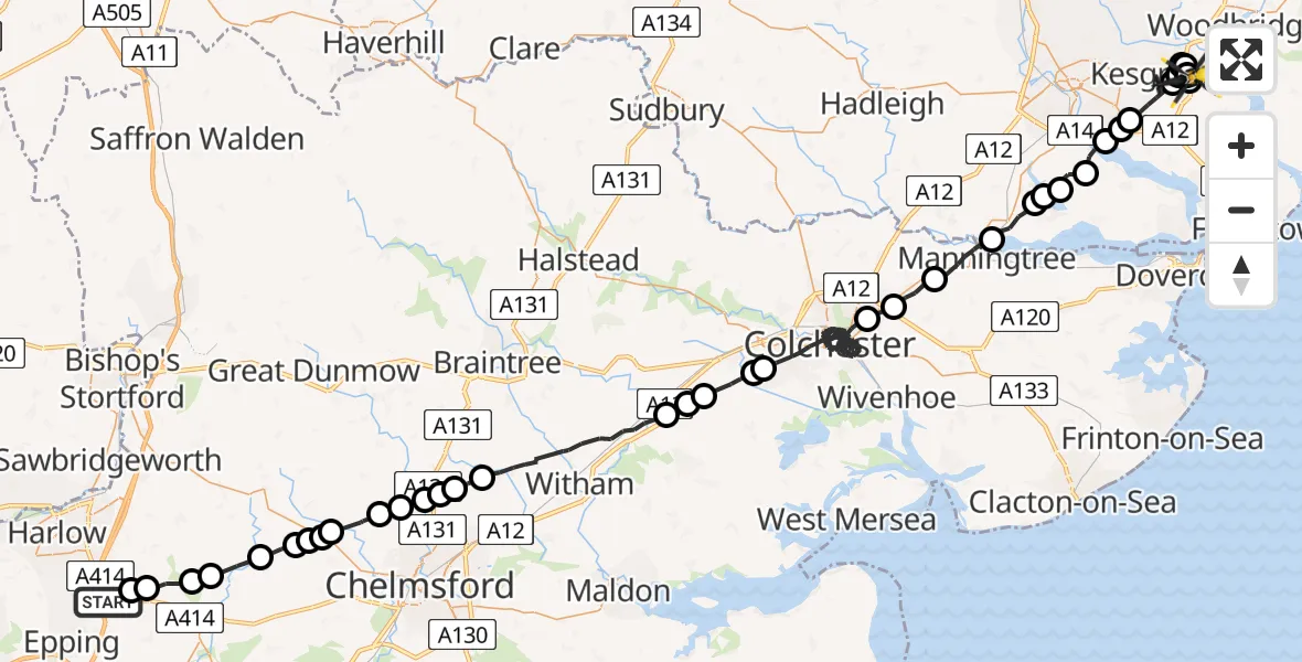 Flight path map showing Police Helicopter route from North Weald Airfield to RAF Martlesham Heath