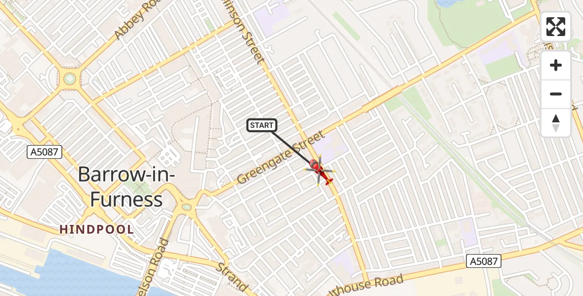 Flight path map showing Air Ambulance Helicopter route from Barrow-in-Furness to Barrow-in-Furness
