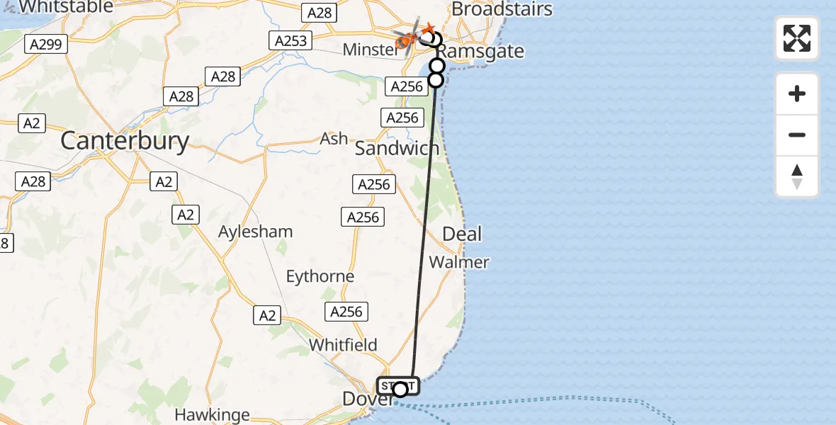 Flight path map showing Coastguard Helicopter route from Langdon Battery Heliport to Manston Airport