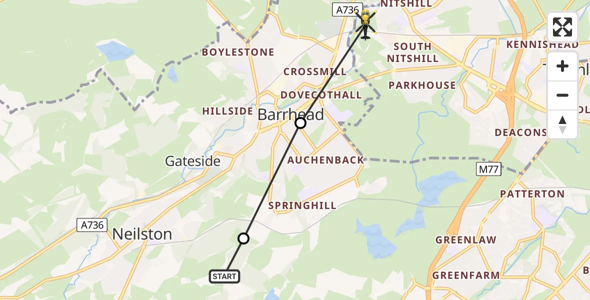 Flight path map showing Police Helicopter route from Neilston to Glasgow