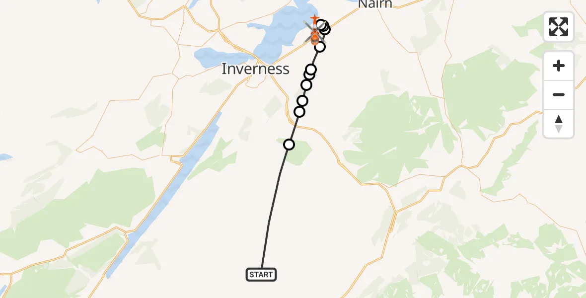 Flight path map showing Coastguard Helicopter route from Highland to Inverness Airport