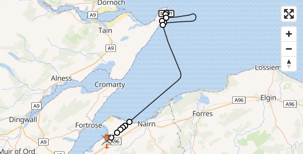 Flight path map showing Coastguard Helicopter route from Wilkhaven to Inverness Airport
