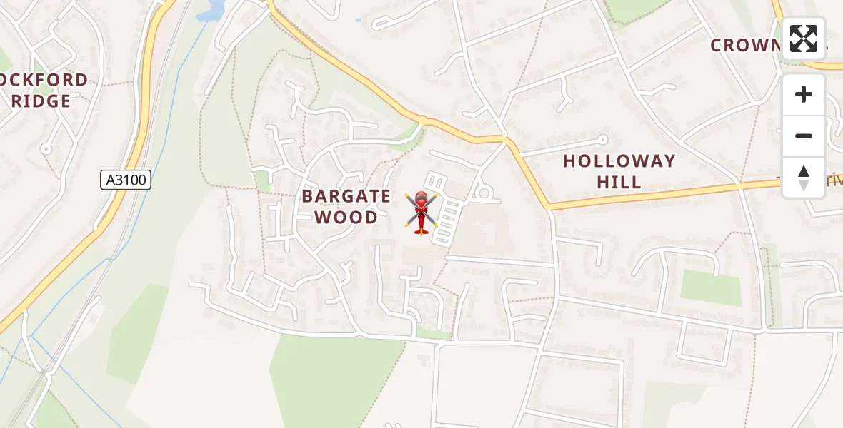 Flight path map showing Air Ambulance Helicopter route from Godalming to Godalming