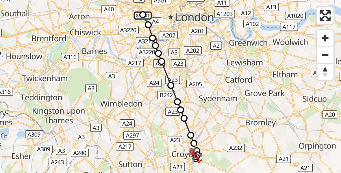 Flight path map showing Air Ambulance Helicopter route from City of Westminster to Croydon
