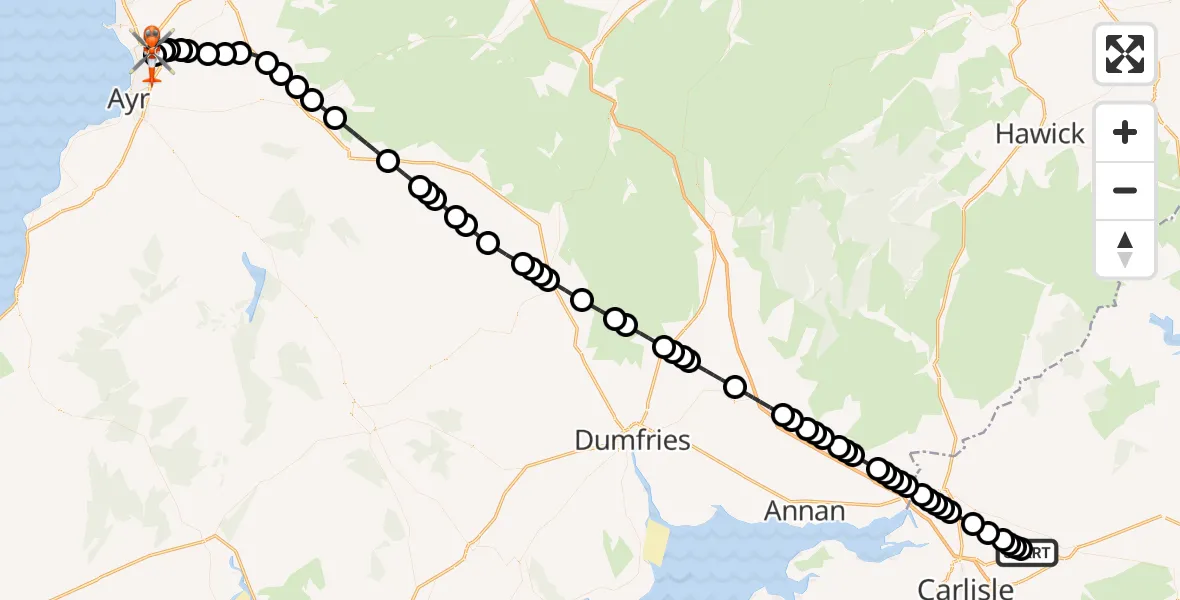 Flight path map showing Coastguard Helicopter route from Carlisle Lake District Airport to Glasgow Prestwick Airport