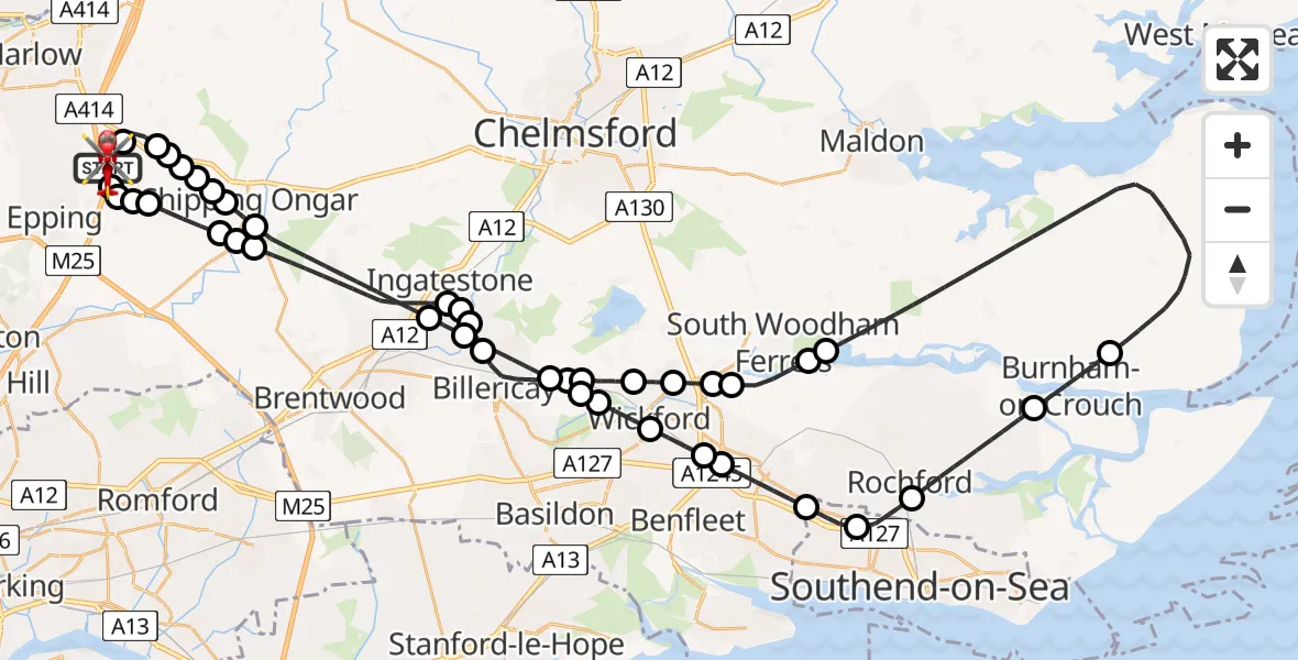Flight path map showing Air Ambulance Helicopter route from North Weald Airfield to North Weald Airfield