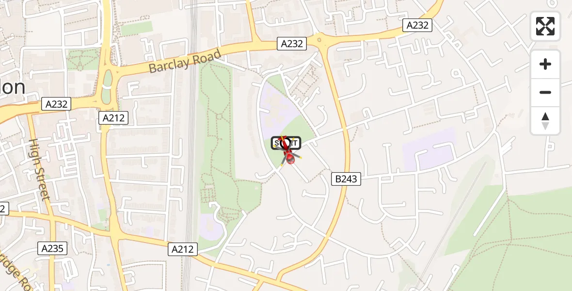 Flight path map showing Air Ambulance Helicopter route from Addiscombe to Croydon