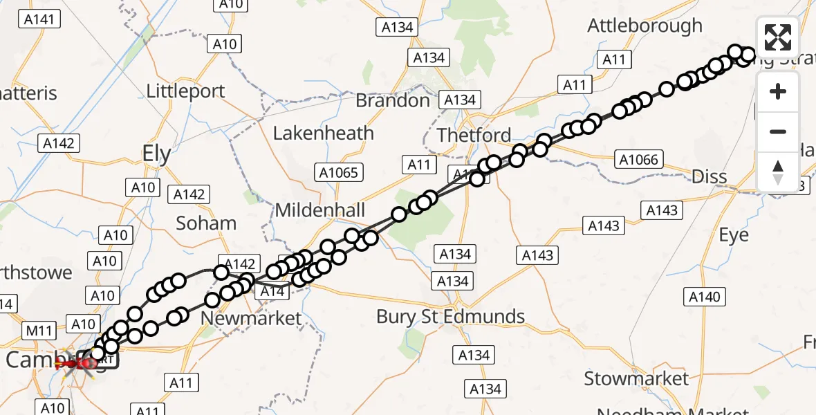 Routekaart van de vlucht: Air Ambulance Helicopter to Cambridge, Ditchburn Place