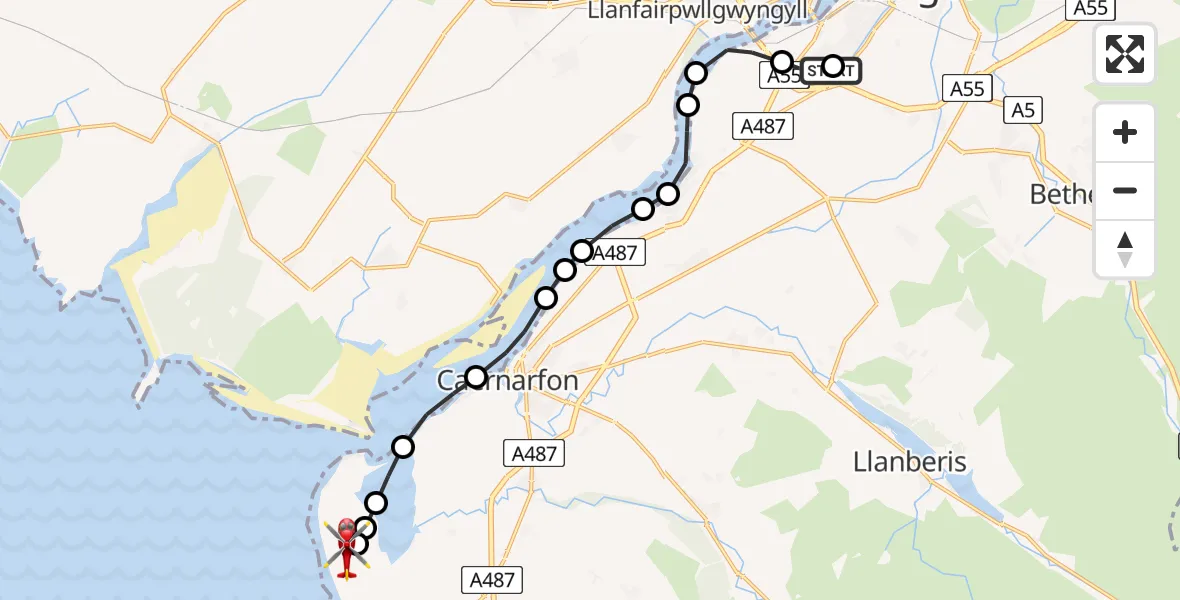 Flight path map showing Air Ambulance Helicopter route from Ysbyty Gwynedd Hospital Heliport to Caernarfon Airport
