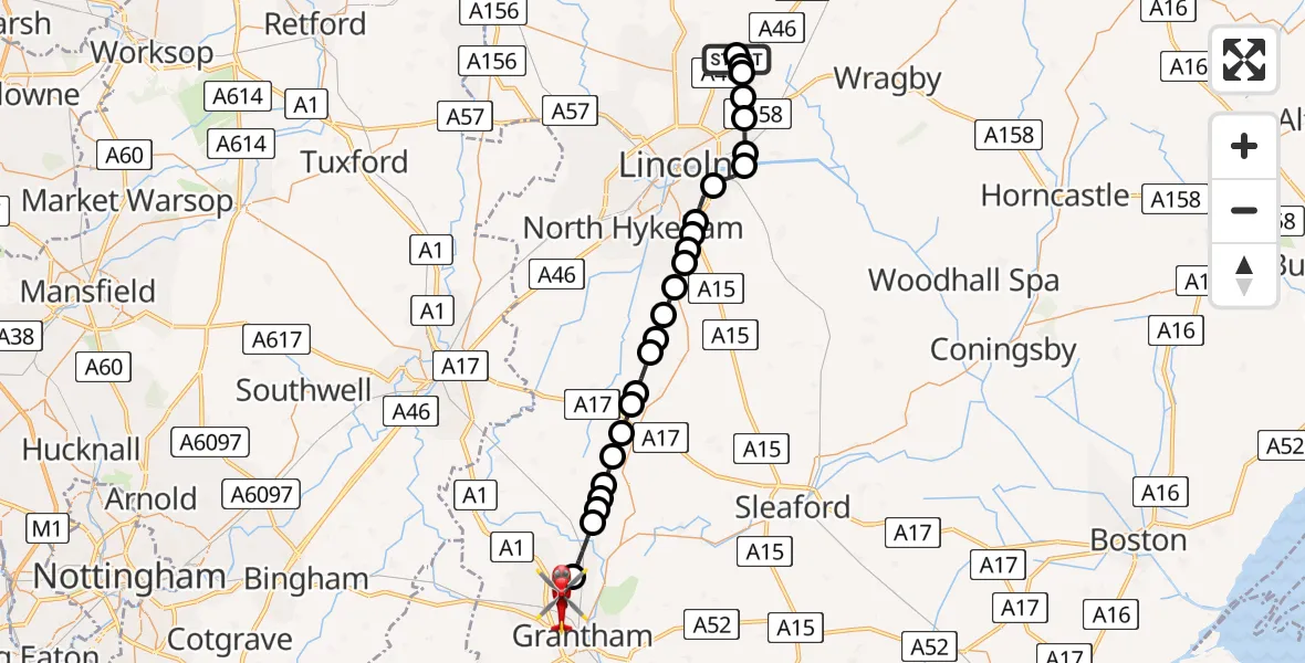 Flight path map showing Air Ambulance Helicopter route from Dunholme CP to Great Gonerby