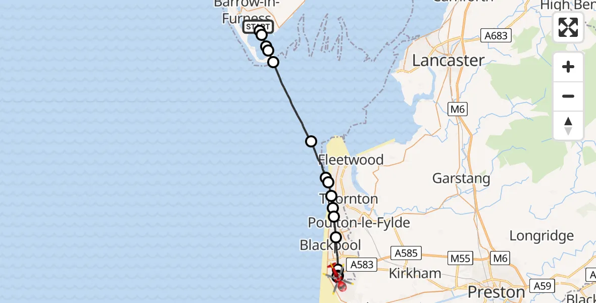 Routekaart van de vlucht: Air Ambulance Helicopter to Blackpool Airport