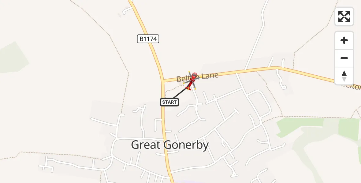 Flight path map showing Air Ambulance Helicopter route from Great Gonerby to Great Gonerby