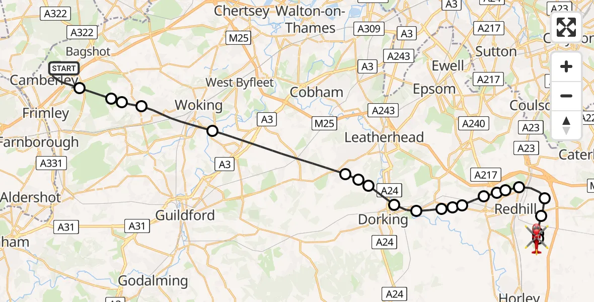 Flight path map showing Air Ambulance Helicopter route from Camberley to Redhill Aerodrome